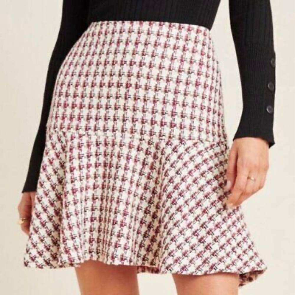 Maeve Anthropologie Tweed Mini Skirt Women 6 Pink Cream Plaid Bobbie Flounce Hem